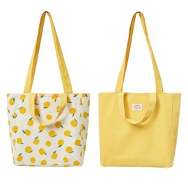 PLATEYTR Double-Sided Canvas Bag Made of Cotton and Linen, Fabric Bag, Shopping Bag, Cotton Shoulder Double Carry Handle Canvas Messenger Bag for Women, Children (Lemon, 31 x 10 x 31 cm)