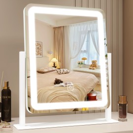 ROLOVE Lighted Makeup Mirror, Vanity Mirror with Lights for Desk Tabletop, Smart Touch with 3-Color Lighting,Dimmable, 360° Rotation, White, 13"x15"