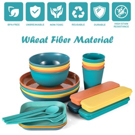 36PCS Wheat Straw Dinnerware Sets - Reusable Plates and Bowls Sets, Unbreakable Cups, Knives, Forks, Spoons & Chopstick, BPA free, Microwave, Dishwasher Safe Tableware Kitchen Outdoor Camping Gifts