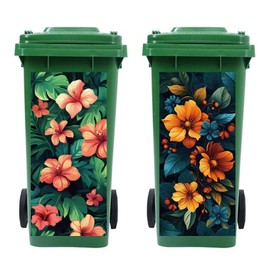 Peacoblue Wheelie Bin Stickers 2 Sheets Flowers and Leaves Sticky Dustbin Stickers Decals, 15" x 32" Waterproof Large Wraps for Trash Cans Bins Fridges Door Wall Garden Outdoor Indoor Patio Decor