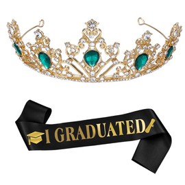 Ulfanit 2025 Graduation Sash and Crown, Graduation Party Supplies Green Gold Glittered Rhinestone Crown and I GRADUATED Sash for Lady, Gradation Gift for Her