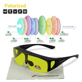Saulmann® ZO5115 Polarised Unisex Flip-Up Anti-Glare Glasses - Contrast Outdoor & Night Driving Glasses with UV Protection Against Glare Light and Anti-Reflective Coating