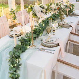 Dremisland 4PCS Artificial Eucalyptus Garland with White Flowers Fake Willow Foliage Silver Dollar 5.5FT Greenery Faux Plants Vines Christmas Garland for Wedding Party Table Runner Backdrop Home Decor