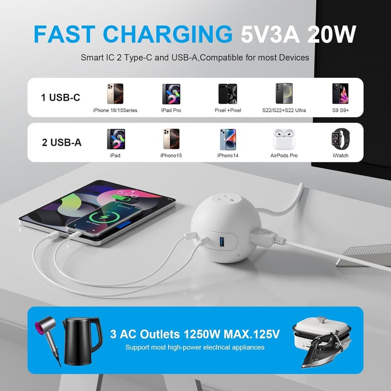 Portable Power Strip Outlet Extender,6-in-1 Charging Station,Wall Plug Extender with