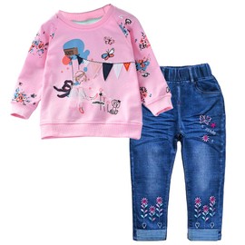 Peacolate 2-7T Toddler Big Girls Pants Set 2pcs Cotton top and Jeans(Rainbow,6T)