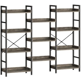 Rolanstar Bookshelf 4 Tiers with 4 Hooks, Triple Bookcase with Open Display Shelves, Industrial Wide Bookshelf with Metal Frame for Living Room, Office, Grey