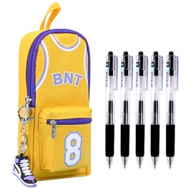 SIORTIO Pencil Pouch Basketball Jersey-Shaped Large Capacity Fashionable Minimalism + 6 Gel Pens & Sneaker Keychain (Yellow 8)