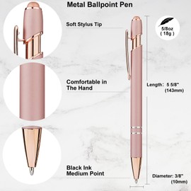 LINFANC 12 Pack Rose Gold Ballpoint Pen with Stylus Tip, 1.0 mm Black Ink Smooth Writing Pens, Metal Stylus Pens for Touch Screens