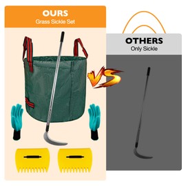 Sickle Garden Tool Set, Long Handle Weeding Sickle with Serrated Double-Edged Blade, Grass Sickle Stand Up Weeding Tool with 2 Pack Leaf Scoops, 16 Gallon Lawn Bag with Gardening Gloves for Yard