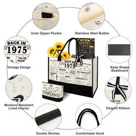50th Birthday Gifts for Women Canvas Tote Bag Travel Gear, Unique 50 Years Old Gifts for Wife Sister Mom Aunt Friends Her, Vintage 1975 Handbag & Cosmetic Bag & Back in 1975 Poster