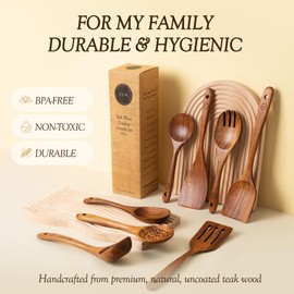 Wooden Spoons for Cooking - 8 Pcs Teak Wood Cookware Utensil Set with Smooth Finish - Non-Stick, Comfortable Grip - Durable, Heat Resistant Kitchen Utensils