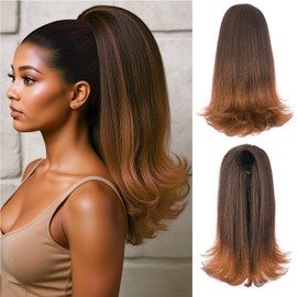 Rafabcici Flick Ponytail for Black Women, 14 Inch Yaki Straight Drawstring Ponytail Extension with Wrap-Around Tail,Shoulder-Length Synthetic Hairpiece(T1B/30)