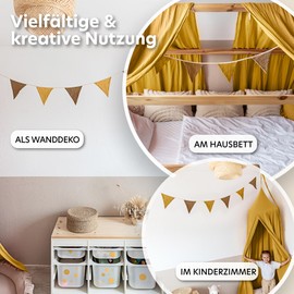 LILIMAUS Bunting Fabric [with Gold Appliqué in 12 Colours] Bunting Children's Room - 100% Cotton Handmade Garland Fabric - Muslin Bunting - House Bed Decoration Girls & Boys for Baby Room