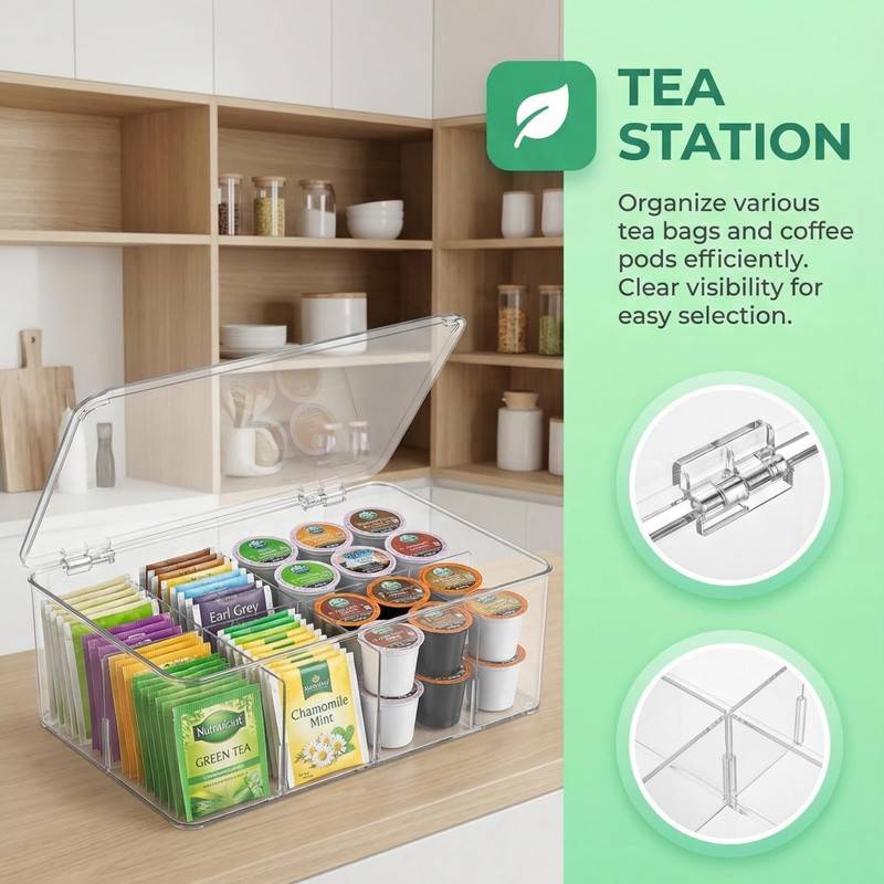Tea Bag Organizer - Clear Acrylic Tea Storage Box with