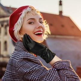 Leather Gloves for Women - Womens Black Leather Winter Gloves, Touchscreen Texting Driving Gloves Women, Warm Fleece Lined Winter Gloves for Women, Thermal Womens Gloves for Cold Weather, Medium