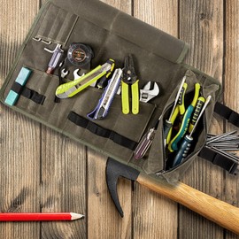 Canvas Roll up Tool Bag Tool Roll Up Pouch with 11 Slots and 1 Leather Zipper Bag,Tool Wrench Roll/Chisel Bag Portable Carry-On Pouch, Workshop Storage, Woodworking Tools Organizer