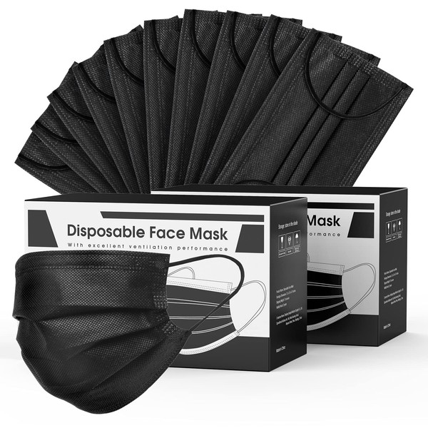 100pcs 3 Layers PLY Black Disposable Face Masks, Hyegiir Comfortable Elastic Earloops Face Masks,Sterile and Breathable for Daily Protection Air Pollution, Dust-proof