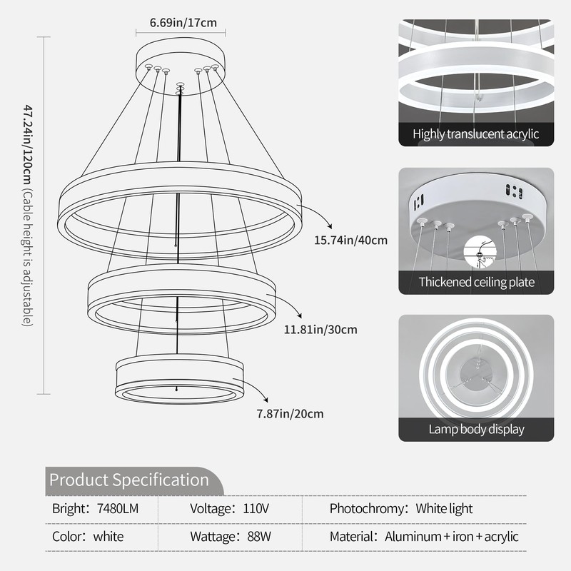 O'NEELDY Modern LED Chandeliers Adjustable Hanging White Pendant Light Fixture
