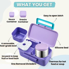 PIQUEBAR Kids Lunch Bento Box with 8oz Thermo Ice Pack Food Container with Insulated Lunch Bag, Insulated Water Bottle with Straw for Girls Boys, (A-Purple)