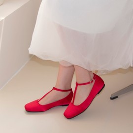 NIEARDAN Mary Jane Flats Women Adjustable T Strap Square Toe Ballet Flats Ankle Strap Dress Comfortable Flats for Work,Date Nights Party,Office,Wedding,Size 9.5，Red