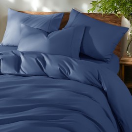 Shilucheng 100% Cotton Queen Size Duvet Covers - 600 Thread Count, Luxury Sateen Weave Egyptian Cotton Comforter Cover with Zipper Closure & Corner Ties，Hotel Bedding Duvet Covers 3 Piece (Navy Blue)