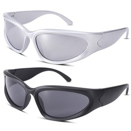 NULOOQ Wrap Around Sunglasses for Women Men Trendy Fashion Y2K Oval Sport Shades Sun Glasses UV400 Protection (Black/Gray + Silver/Silver Mirrored) - 2 Pack