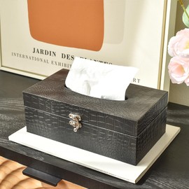 JUMBO DECOR Crocodile Leather Tissue Box Cover with Clasp – Modern Elegant Black Tissue Box Holder for Bathroom, Bedroom, and Living Room – Kleenex Box Covers in Rectangle Shape