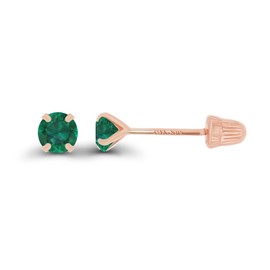 Solid 14K Rose Gold 3mm Round Created Green Emerald May Birthstone Solitaire Ball Screw Back Stud Earring