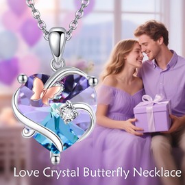 VONALA Butterfly Heart Necklace for Women 925 Sterling Silver Amethyst Birthstone Crystal Pendant Jewelry Gift for Mom Birthday Anniversary