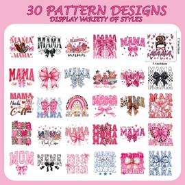 Falueqg Dtf Transfers Ready to Press - 30Pcs Mother's Day Iron on Transfers for Tshirts, Mama Bow Iron on Decals Patches, Pink Coquettee Heat Transfer Stickers for Clothes Pillows Bag DIY Crafts