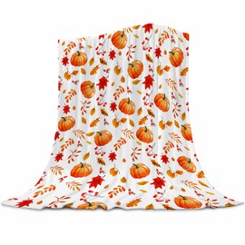Soft Fall Pumpkin Throw Blanket with Maples, Cozy Flannel Fleece Luxury Decoration Blanket for Bed, Sofa and Couch Fall Decorations for Home 50X60 Inches