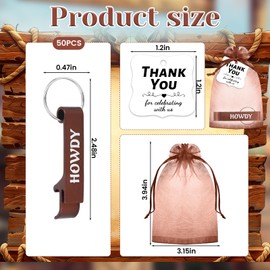 50 Set Western Cowboy Party Favors, Metal Bottle Opener Keychain Bulk,Western Keychain with Organza Bags Thank You Tags and Rope for Wild West Derby Last Rodeo Bar Wedding Bridal Shower Gift