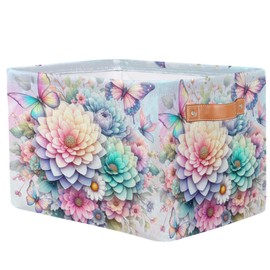 Pardick Basket Storage Bins Rainbow Flower Floral Rectangle Cube Basket Box Kids Girls Boys Toys Organizer Beaket Decor Foldable with Handle for Living Room Bedroom Closet Nursery Office Shelf Gifts
