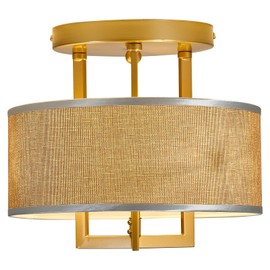 hesoge 3 Light Drum Semi Flush Mount Ceiling Light Close to Ceiling Light Fixture with Fabric Shade Small Vintage Gold Chandelier for Bedroom Kitchen Living Room Hallway.