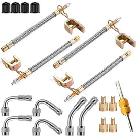 Valve Stem Extenders,4Pcs 7Inch/180mm Dual Flexible Stainless Steel Braided Valve Stem Extensions,6Pieces 45 90 135 Degree Brass Valve Adaptors for Car Truck Motorhome Trailer RV Trailer Vehicle