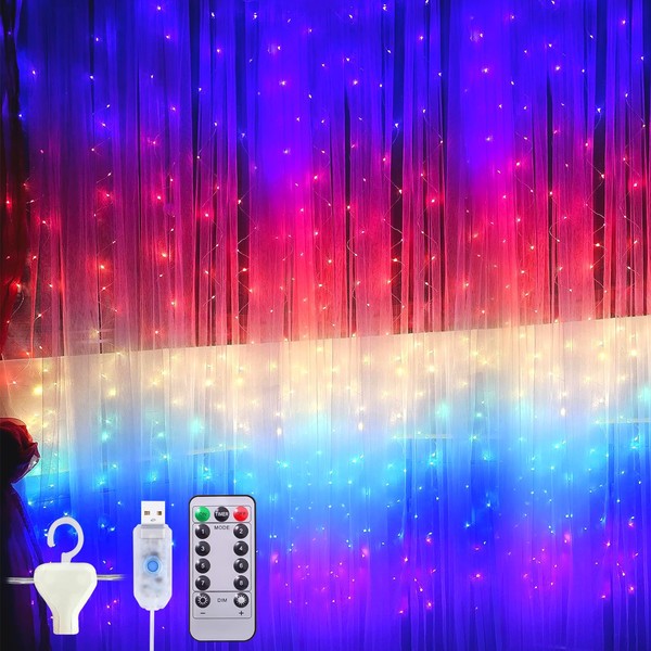 Amzeeniu Light Curtain 3 m x 3 m, 300 LEDs USB LED Fairy Lights Curtain Colourful 8 Modes with Remote Control, Timer IP44, String Light for Christmas Party, Indoor Lighting, Party Decoration