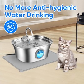 Cat Water Fountain with Water Level Window, One set of Filter, 108oz/3.2L Pet Water Fountain for Cats/Dogs Inside, 304 Stainless Steel, Dishwasher Safe with Low Noise Pump, Filtration System