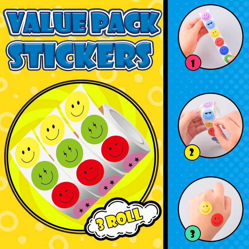 1500Pcs Smiley Face Stickers for Kids Sticker Rolls 10 Styles