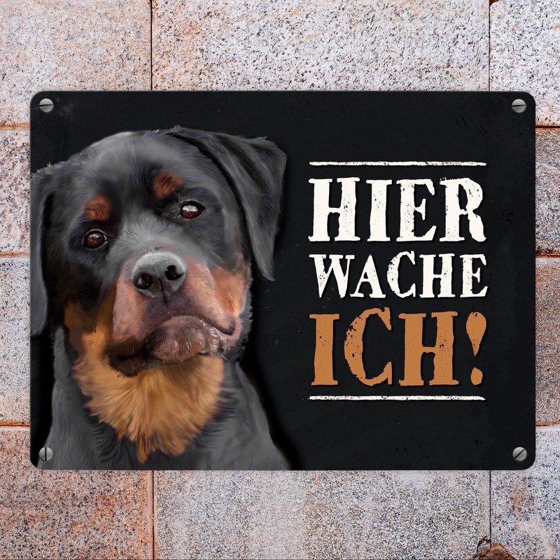 Metal Sign with Rottweiler Motif and Saying: Hier wache ich!
