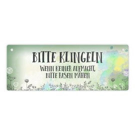 Metal Sign with German Text "Bitte klingeln - Wenn keiner aufmacht bitte Rasenmähen [German Language]