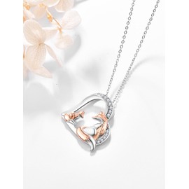 TANGPOET Fox Heart Pendant Necklace for Women Mom 925 Sterling Silver Mother Daughter Fox Jewelry Gifts for Birthday Christmas Anniversary Valentines Mothers Day