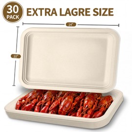 VEIZEDD 30Pack Compostable Food Trays 14 Inch Large Paper Plates Heavy Duty Disposable Crawfish Serving Tray for BBQ,Seafood Boil Lobster Crab, Seafood Boil Party Supplies (Brown, 14Inch)