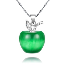 Uloveido Teacher's Apple Necklace White Gold Plated, Lab Moonstone CZ Stone Necklace, Apple Pendant Necklace Gift For Women Teacher (Dark Green) YL007-N