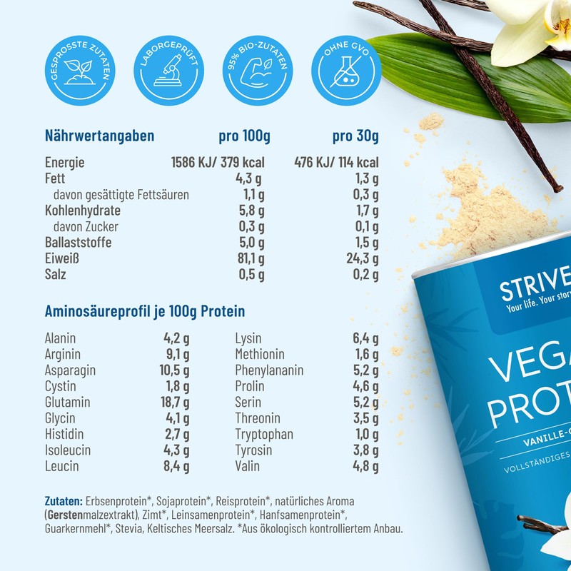 STRIVE Vegan Protein, Vanilla, 24 g Protein per Serving, Laboratory-Tested