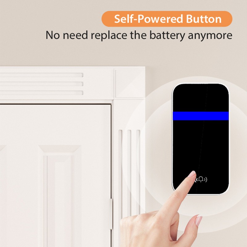 Wireless Doorbell Self-Powered Doorbell Button Kit 4-Speed Adjustable Volume with