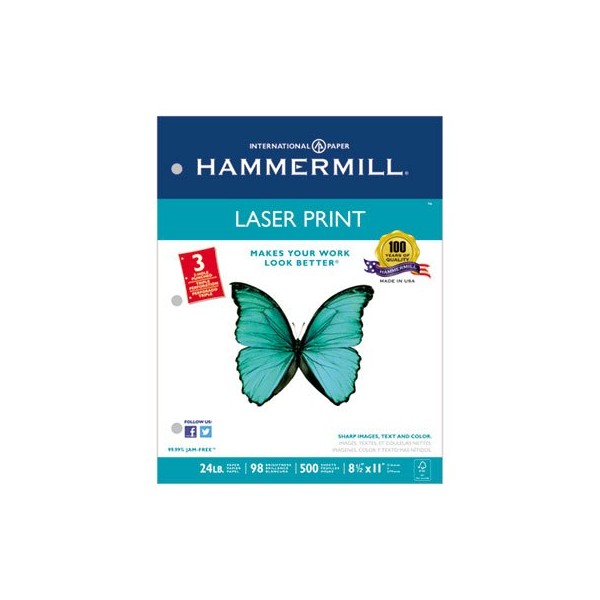 Laser Print Office Paper, 3-Hole Punch, 98 Brightness, 24lb, Ltr, White, 500/Rm, Sold as 2 Ream