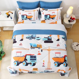 Jameswish 7 Pieces Boys Comforter Set Queen Size Excavator Bedding Set Cartoon Car Kids Bed in a Bag Construction Truck Bedding for Children Kids Boys Teens for Birthday Choice