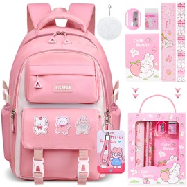 Fafeuai Cartoon School Backpack for Girls- Pink Kids Backpack Schoolbag Girls Bookbag with Stationery Set,Pins,ID Badge Holder for Kid Teen