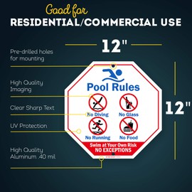 Pool Rules No Diving, No Glass, No Running, No Food Swim at Your Own Risk No Exceptions Sign, 12" x 12" 0.40 Aluminum, Fade Resistance, Indoor/Outdoor Use, USA MADE By My Sign Center