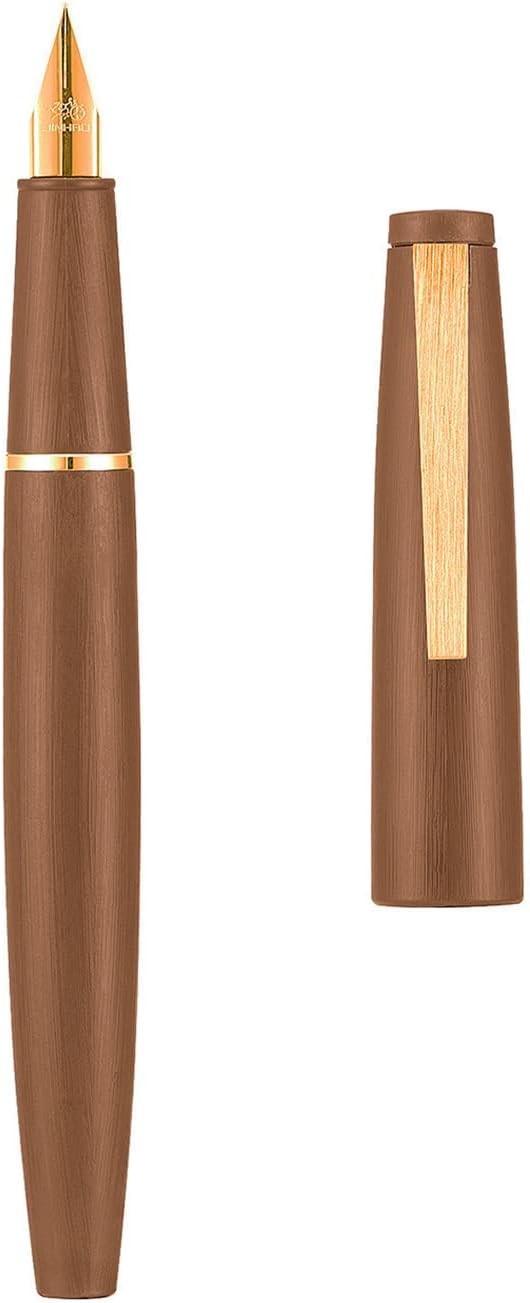 Jinhao 80 - Pluma estilográfica de fibra de carbono cepillada, punta fina de iridio, color café con clip dorado